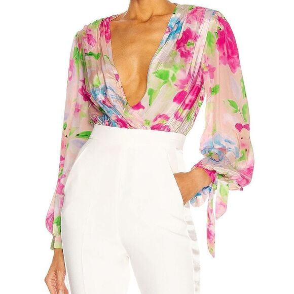 Rococo Sand Alora Floral-Print Stretch-Crepe Bodysuit in Pink - Picture 3 of 13